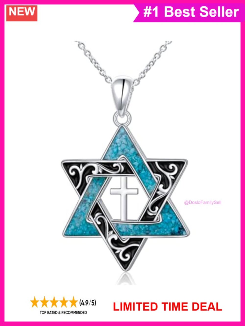 Sterling Silver Star of David Cross Pendant Necklace 18+2" Adjustable